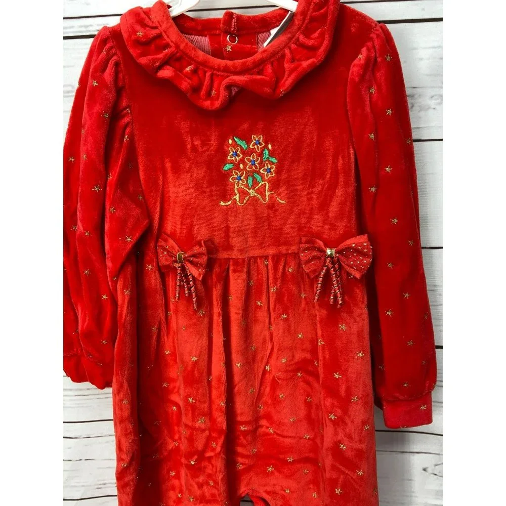 Little Me‎ Vintage Red Velvet Gold Christmas One Piece Button Bottom Size 24 Mo